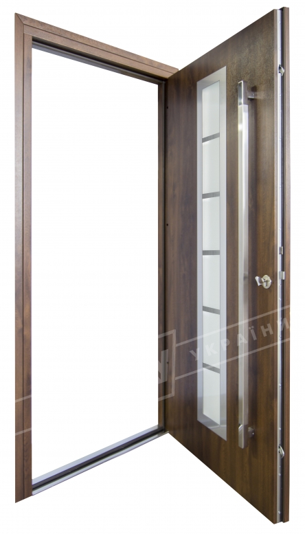 Двері вхідні для приватних будинків серії "GRAND HOUSE 73 mm" / Модель №8 / колір: Темний горіх / Ручка-скоба [2 сторони]
