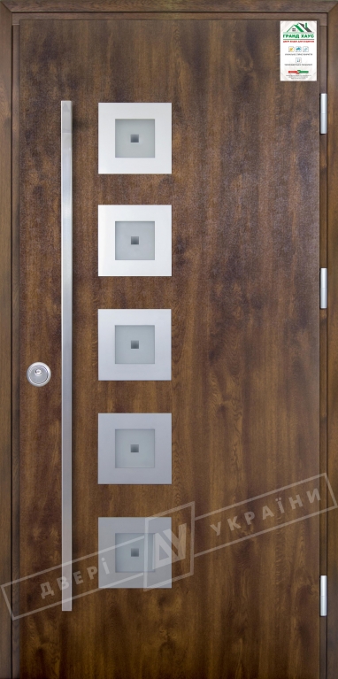 Двері вхідні для приватних будинків серії "GRAND HOUSE 73 mm" / Модель №2 / колір: Темний горіх / Ручка-скоба [2 сторони]