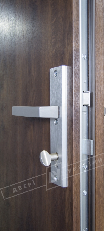Двері вхідні для приватних будинків серії "GRAND HOUSE 73 mm" / модель ФЛЕШ / колір: Темний горіх / Захисна ручка на планці