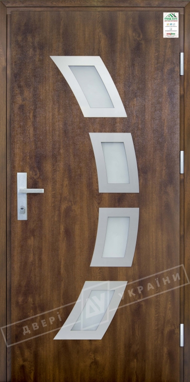 Двері вхідні для приватних будинків серії "GRAND HOUSE 73 mm" / Модель №5 / колір: Темний горіх / Захисна ручка на планці