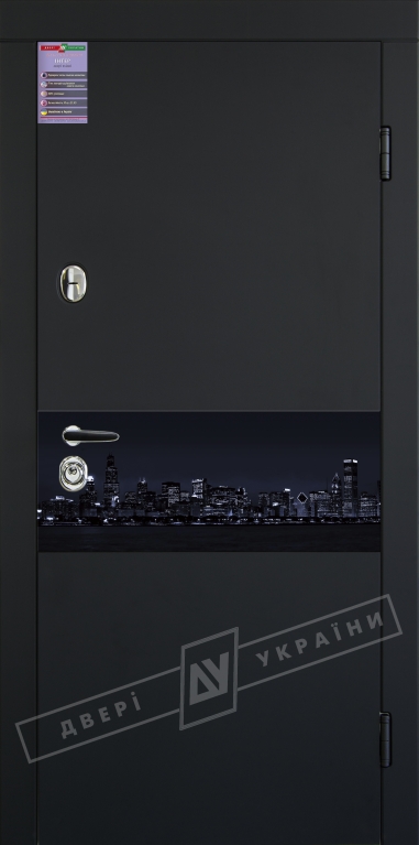Двері вхідні серії ІНТЕР / Комплектація №1 [KALE] / ART GLASS 7 / Чорний софттач RB5013UD-B10-0,35 / Білий супермат WHITE_02