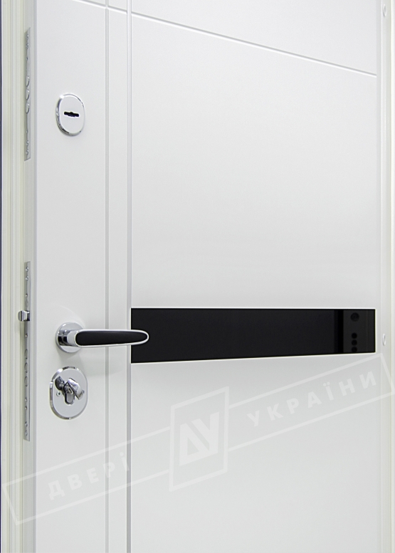 Двері вхідні ТМ ДВЕРІ УКРАЇНИ серії "БС 3" модель ЕЛІС чорне скло / Комплектація №3 SECUREMME / Чорна шагрень BLACK-101C / Білий супермат WHITE_02