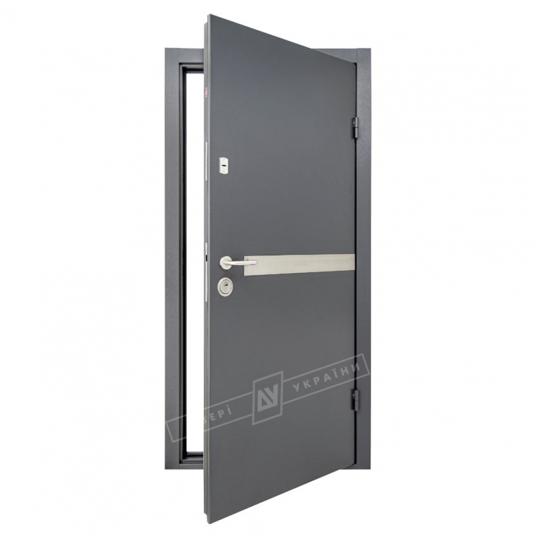 Двері вхідні ДУ | САЛЮТ 2 | метал/МДФ | Модель №8 | RAL 7024 / біла шагень | [фурнітура: нержавіюча сталь]