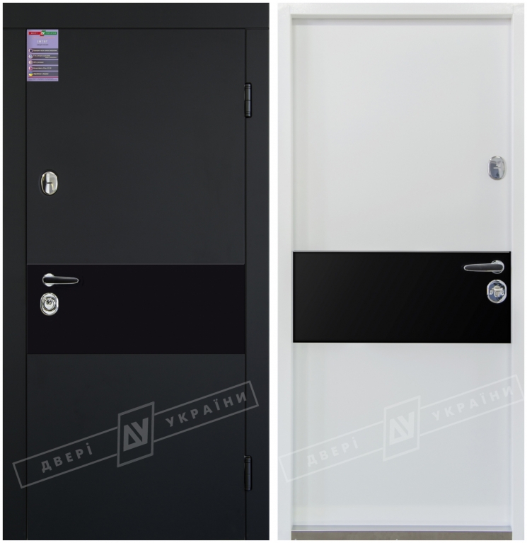 Двери входные серии "ИНТЕР 6" / Комплектация №1 [KALE] / ART GLASS 1 чёрное стекло / Чёрный софттач RB5013UD-B10-0,35 / Белый супермат WHITE_02