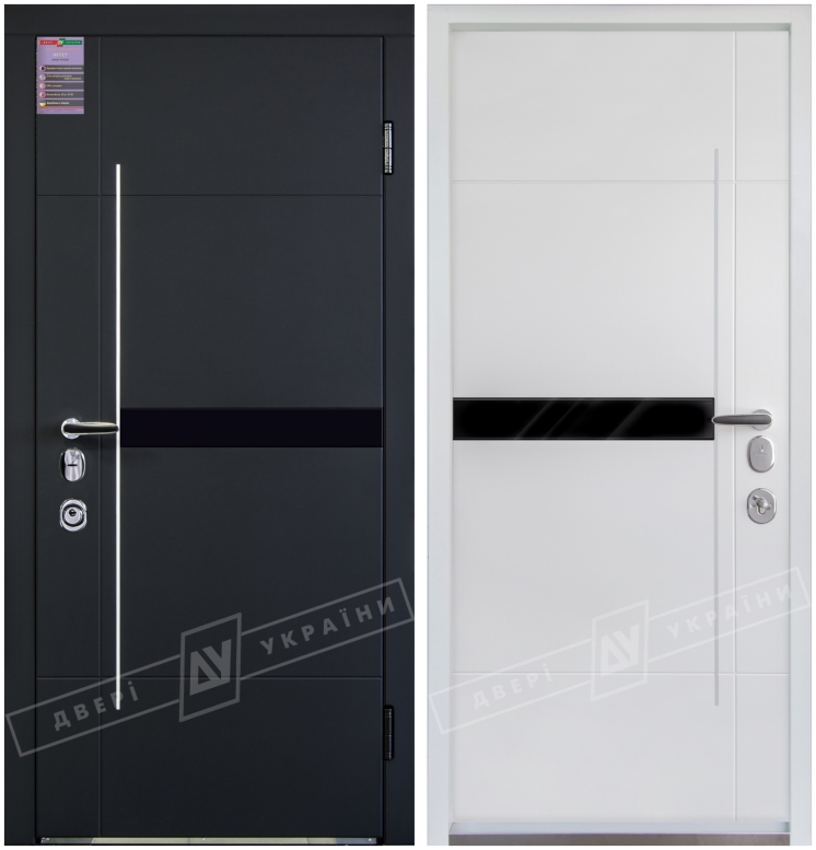 Двери входные серии "ИНТЕР 6" модель ЭЛИС чёрное стекло / Моттура / Чёрный софттач RB5013UD-B10-0,35 / Белый супермат WHITE_02
