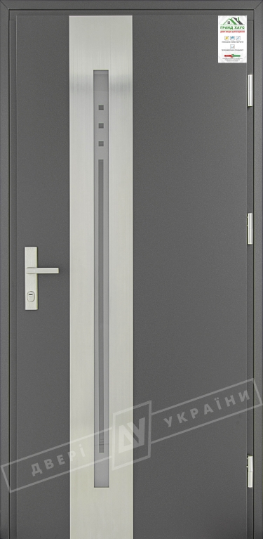 Двері вхідні для приватних будинків серії "GRAND HOUSE 73 mm" / Модель №1 / колір: Графіт металік / Захисна ручка на планці