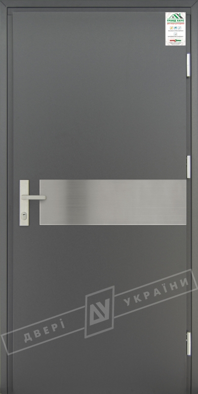 Двері вхідні для приватних будинків серії "GRAND HOUSE 73 mm" / Модель №9 / колір: Графіт металік / Захисна ручка на планці