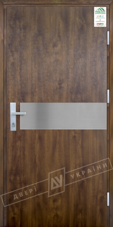 Двері вхідні для приватних будинків серії "GRAND HOUSE 73 mm" / Модель №9 / колір: Темний горіх / Захисна ручка на планці