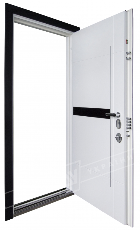 Двері вхідні ТМ ДВЕРІ УКРАЇНИ серії "ІНТЕР 6" модель ЕЛІС чорне скло / Моттура / Чорний софттач RB5013UD-B10-0,35 / Білий супермат WHITE_02